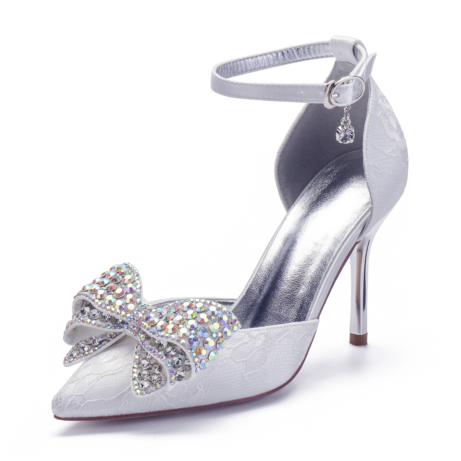 Sweet bridal wedding shoes pointed toe ankle strap high heels with big crystal bow D'orsay lady lace pumps white ivory prom heel