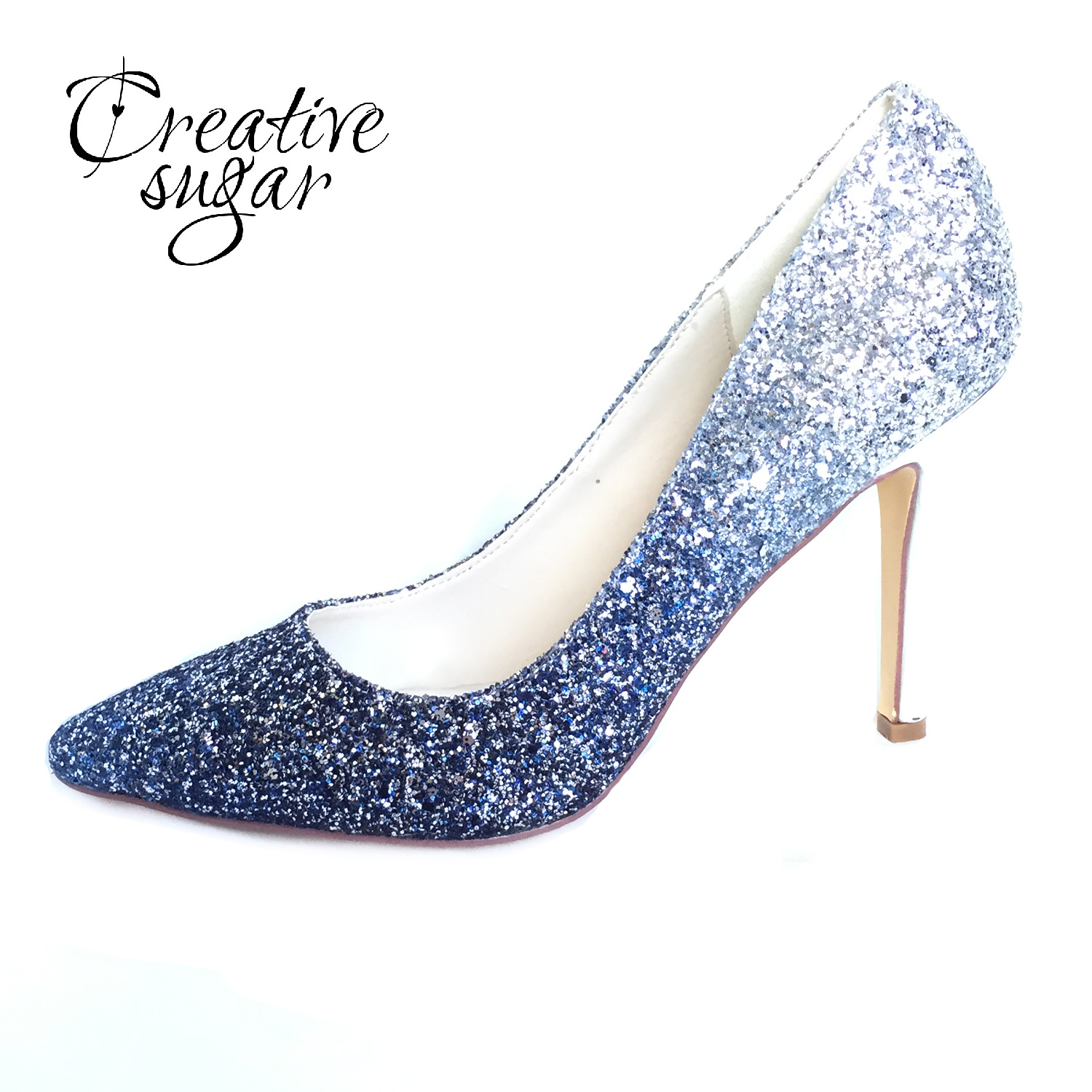 Creativesugar blue 3D glitter Gradient color pointed toe lady pumps bling shining bridal wedding party dress shoes high heels