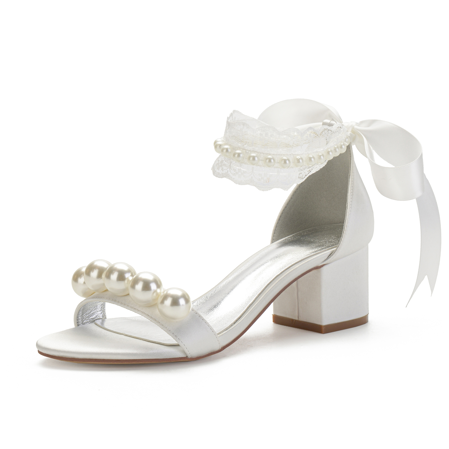 Elegant white ivory bridal shoes satin wedding sandals lower block thick heels pearl lace ankle strap vintage wedding shoes