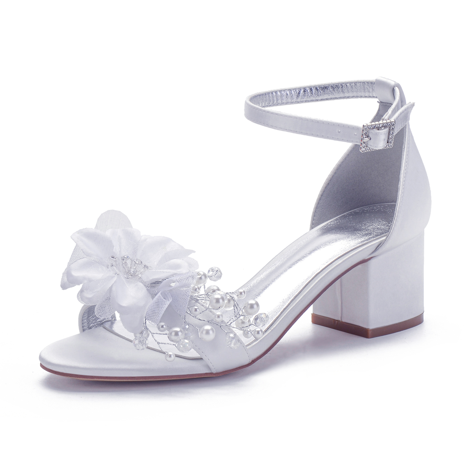 Elegant white ivory bridal shoes satin wedding sandals lower block thick heels ankle strap with flower vintage style shoes