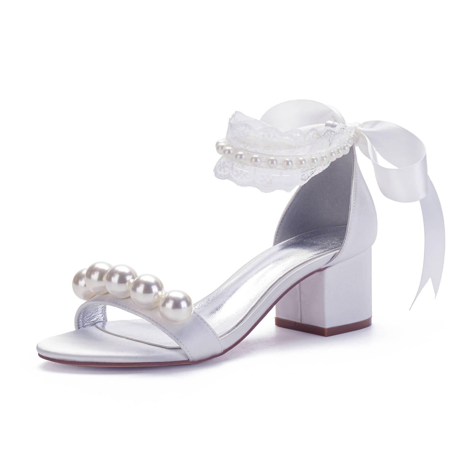 Elegant white ivory bridal shoes satin wedding sandals lower block ...